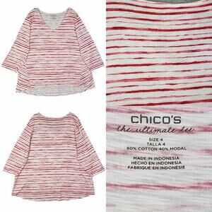 Chicos Shirt Ultimate Tee Size 4 US XXL 2X White Red Striped 3/4 Sleeve Stretch